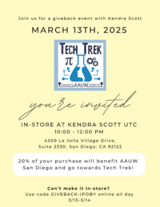 Flyer for fundraiser at Kendra Scott UTC jewelry store to benefit AAUW Tech Trek's San Diego camp